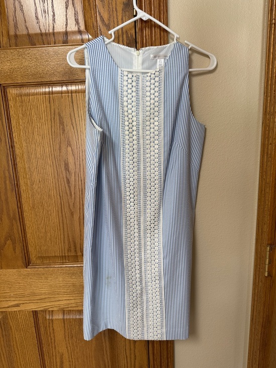 London Times Dresses & Skirts - London Times Blue & Cream Striped Lace-Panel Mini Dress